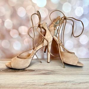 INC Lace Up / Ankle Tie Suede Nude Heels, sz 7